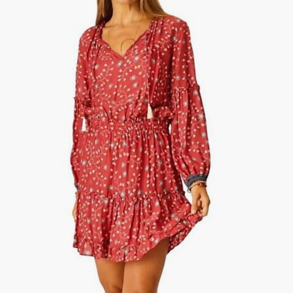 Natalie Martin Maggie Dress, Long Sleeve, Barn Red / Blue Print, NWT!